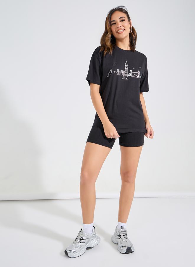 Styli Oversized Foil Print Round Neck T-shirt  - Image 2