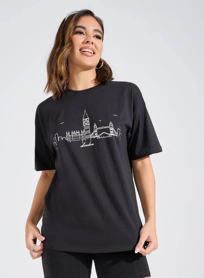 Styli Oversized Foil Print Round Neck T-Shirt