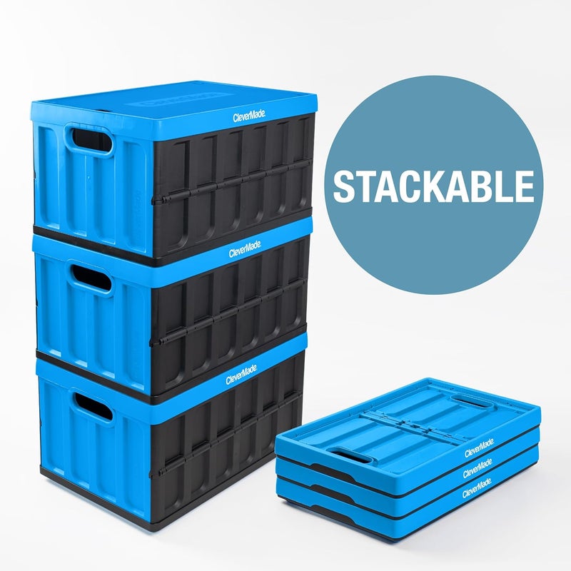Clevermade Collapsible Storage Bins with Lids- Charcoal 3 Pack 62L - Plastic Containers Stackable Organization Crates Home Closet Space-Saving Durable - Image 4