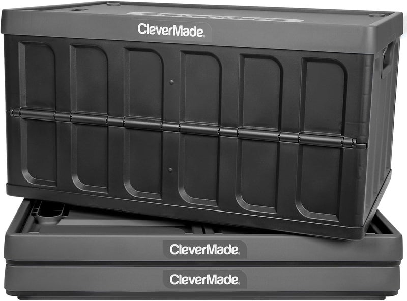 Clevermade Collapsible Storage Bins with Lids- Charcoal 3 Pack 62L - Plastic Containers Stackable Organization Crates Home Closet Space-Saving Durable - Image 1