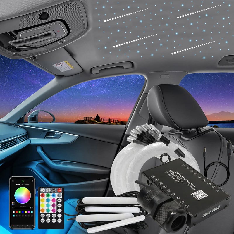 AKEPO 3in1 Meteor APP Fiber Optic Lights Kit Music Sync Activated Under Dash Car LED Interior Lights and RGBW Headliner Light Optical Fiber Cable 375pcs Mixed Diameter in 98ft3m 28key RF Remote