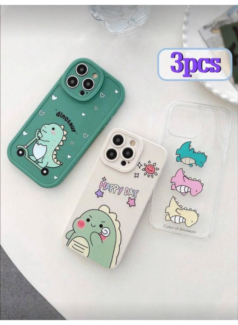 جرابات عدسات الكاميرا لهاتف iPhone 16 Plus بنمط ديناصور كرتوني لطيف بملمس ناعم وودود، 3 قطع - Image 1