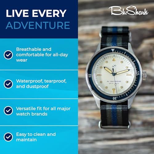 BluShark - Original Collection Military-Style Waterproof Watch Strap, Fits All Timepiece Brands, Durable Nylon Wristwatch Accessories with Stainless Steel Buckle, Bond Blue, 22mm - Image 4