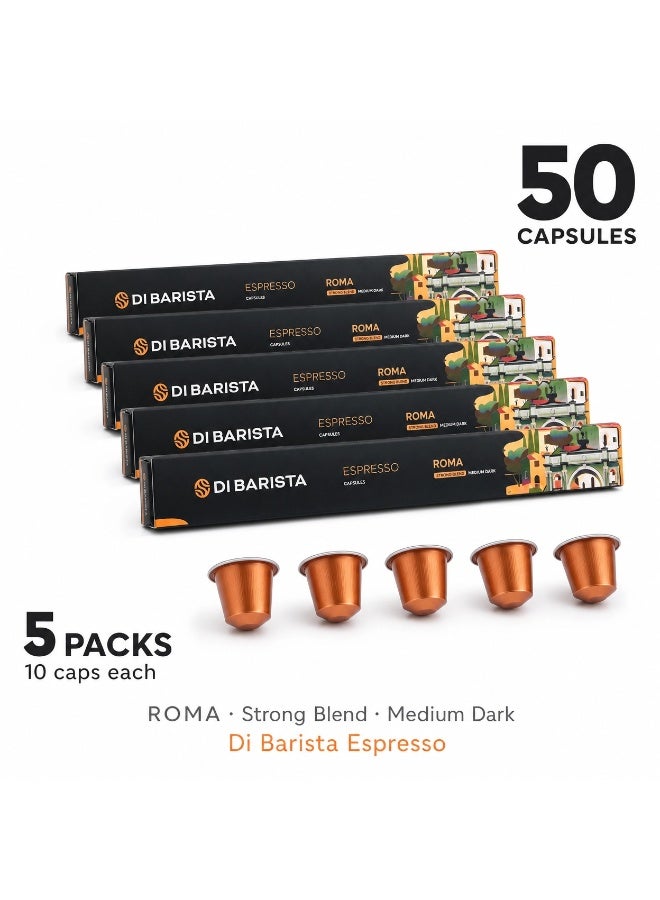 DI BARISTA Coffee Di Barista Roma Coffee Capsules - Pack of 5 Sleeves – Signature 100% Arabica Multi-Origin Espresso Pods | Nespresso Compatible | Medium Dark Roast | Berry & Citrus Notes - Pack of 5 Sleeves - Image 1
