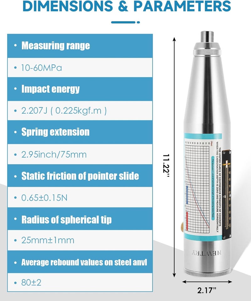 NEWTRY Concrete Rebound Hammer, Tester Portable Resiliometer Test, 10-60Mpa 1450-8702psi with User’s Guide in English Text & Video - Image 2