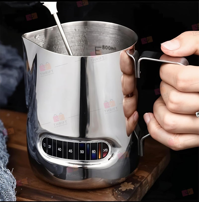 Milk Frothing Pitcher with Thermometer Espresso Steaming Frothing Cup, Perfect for Espresso Machines and Latte Cappuccino Art, Coffee Fest Family Office, Coffee Accessories (600 ml) - Image 1