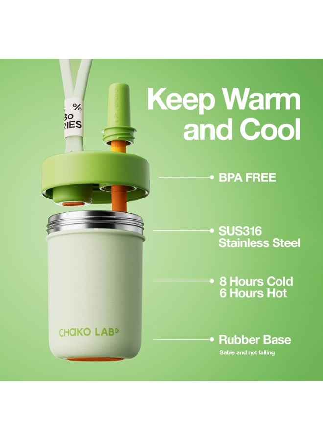 CHAKO LAB Kids Water Bottle with Carrying Rope and Straps | Vacuum Insulated Stainless Steel 16oz for School and Trvels | Two Travel Carrying Options | Matcha Green - Image 4