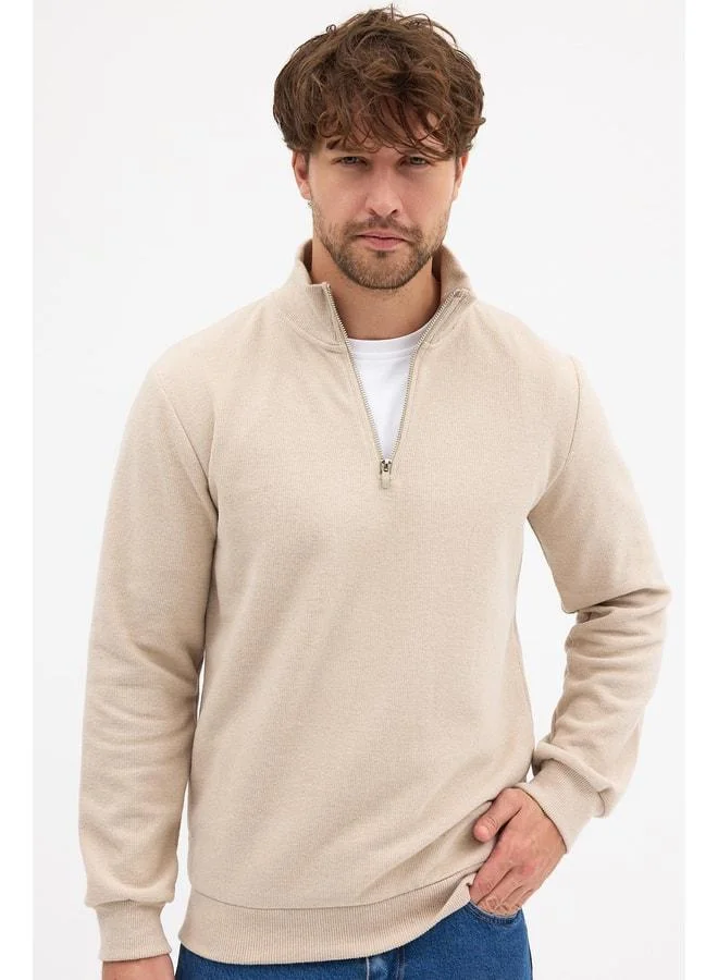 Men's Beige Standard Fit Regular Cut Cotton Half-Zip Stand-Up Collar Cotton Sweatshirt.