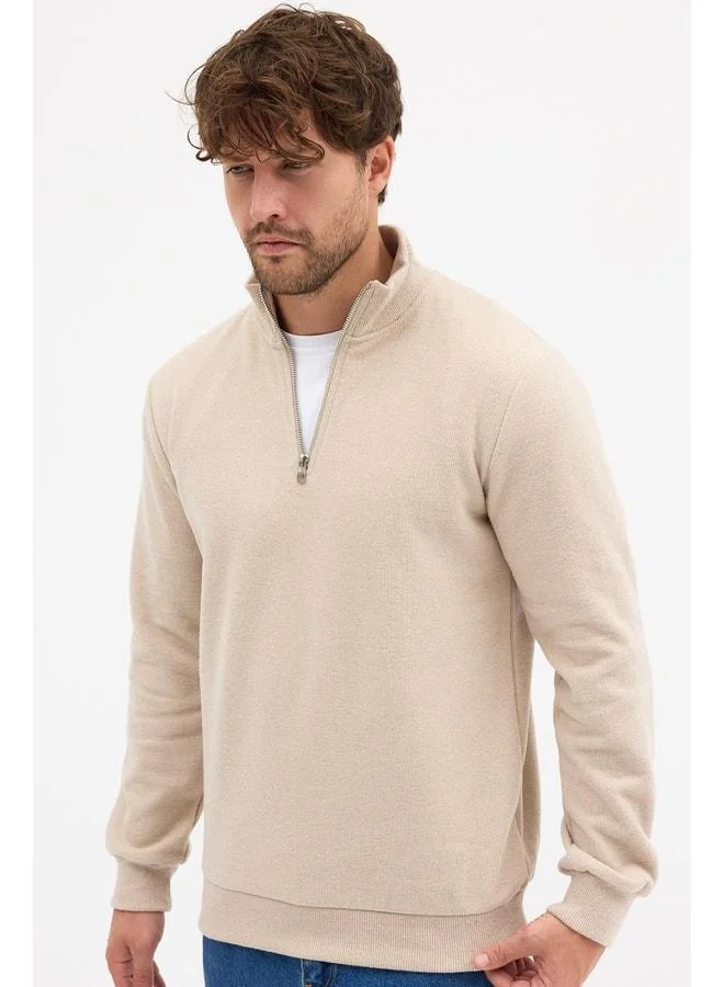 Mmetalic  Men's Beige Standard Fit Regular Cut Cotton Half-Zip Stand-Up Collar Cotton Sweatshirt. for Men | Best Price UAE