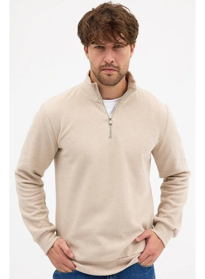 Mmetalic  Men's Beige Standard Fit Regular Cut Cotton Half-Zip Stand-Up Collar Cotton Sweatshirt. for Men | Best Price UAE