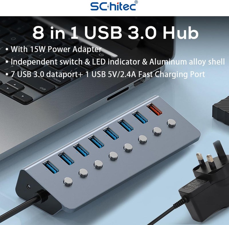 شيتيك محور USB 3.0 نشط 8 منافذ، محول مقسم USB مع مصدر طاقة 5V 3A، محور بيانات شحن سريع مع مفاتيح تشغيل/إيقاف ومؤشرات LED لأجهزة MacBook Air/Pro، Dell، Microsoft، Windows Laptop PC - Image 2