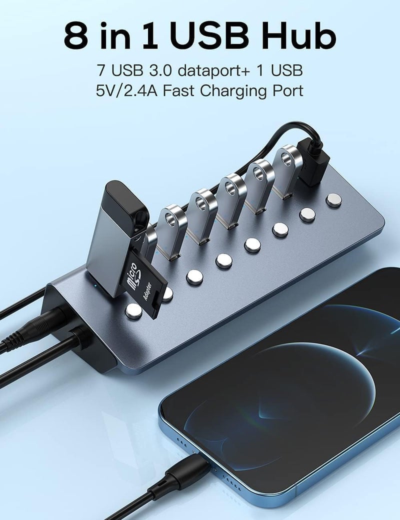 شيتيك محور USB 3.0 نشط 8 منافذ، محول مقسم USB مع مصدر طاقة 5V 3A، محور بيانات شحن سريع مع مفاتيح تشغيل/إيقاف ومؤشرات LED لأجهزة MacBook Air/Pro، Dell، Microsoft، Windows Laptop PC - Image 3