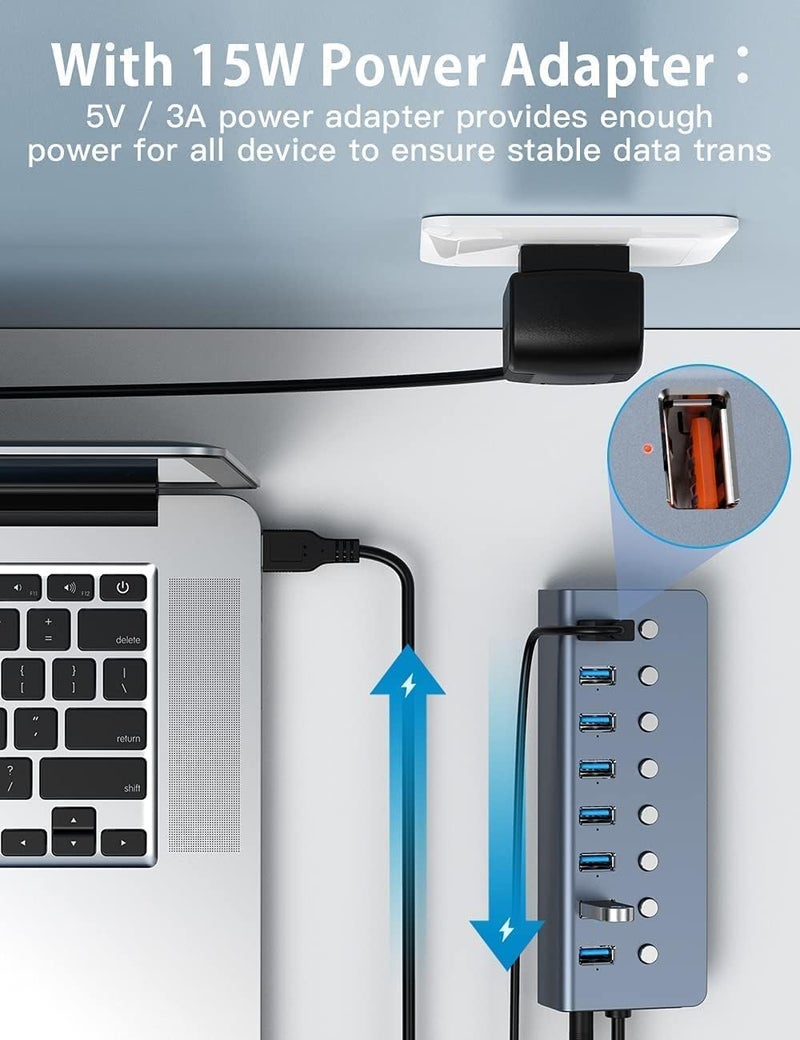 شيتيك محور USB 3.0 نشط 8 منافذ، محول مقسم USB مع مصدر طاقة 5V 3A، محور بيانات شحن سريع مع مفاتيح تشغيل/إيقاف ومؤشرات LED لأجهزة MacBook Air/Pro، Dell، Microsoft، Windows Laptop PC - Image 4