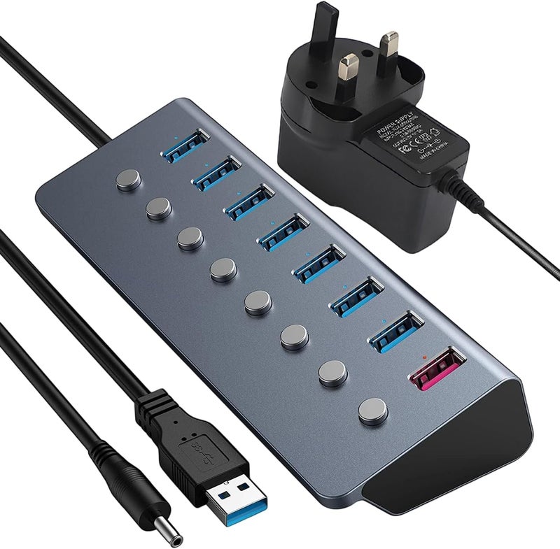شيتيك محور USB 3.0 نشط 8 منافذ، محول مقسم USB مع مصدر طاقة 5V 3A، محور بيانات شحن سريع مع مفاتيح تشغيل/إيقاف ومؤشرات LED لأجهزة MacBook Air/Pro، Dell، Microsoft، Windows Laptop PC - Image 1