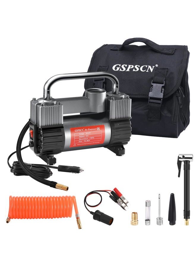 GSPSCN Tire Inflator Heavy Duty Double Cylinders, Portable Metal DC 12V Air Compressor - Car Accessories, 150PSI Tire Pump with Adapter for Car, Truck, SUV Tires, Dinghy, Air Bed etc (Titanium) - Image 1