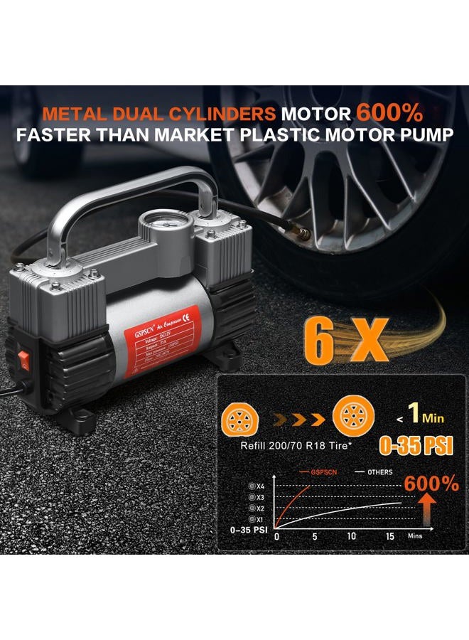 GSPSCN Tire Inflator Heavy Duty Double Cylinders, Portable Metal DC 12V Air Compressor - Car Accessories, 150PSI Tire Pump with Adapter for Car, Truck, SUV Tires, Dinghy, Air Bed etc (Titanium) - Image 3