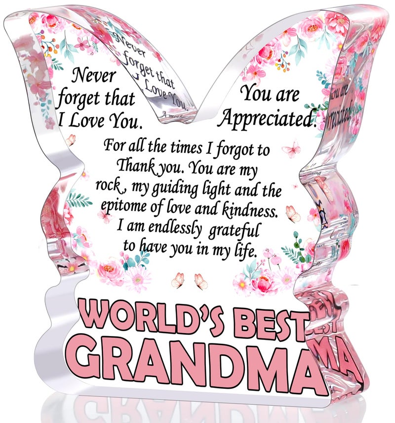 Jettryran Grandma Gifts from Granddaughter  Christmas Gifts for Grandma  Grandmother Birthday Ideas Gift from Grandson Unique Mother's Day Gifts World's Best Grandma Ever Gifts Butterfly Shaped Acrylic Plaque - Image 1