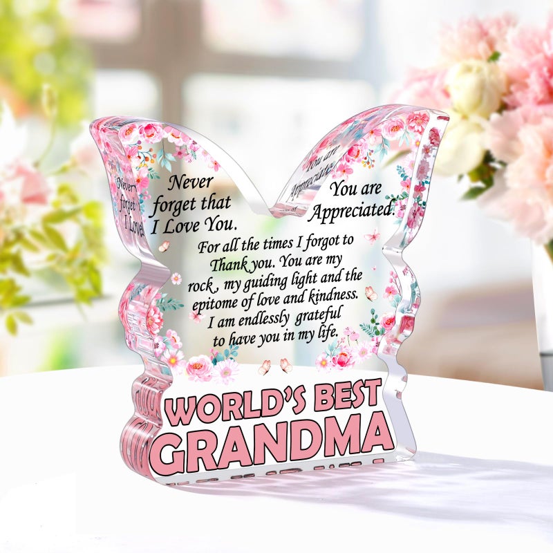 Jettryran Grandma Gifts from Granddaughter  Christmas Gifts for Grandma  Grandmother Birthday Ideas Gift from Grandson Unique Mother's Day Gifts World's Best Grandma Ever Gifts Butterfly Shaped Acrylic Plaque - Image 2