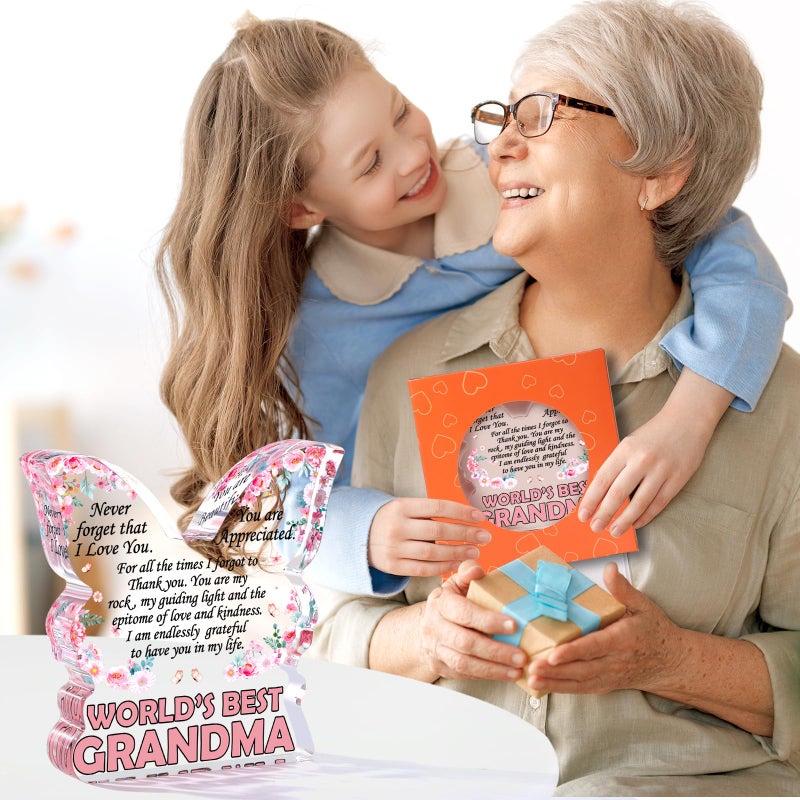 Jettryran Grandma Gifts from Granddaughter  Christmas Gifts for Grandma  Grandmother Birthday Ideas Gift from Grandson Unique Mother's Day Gifts World's Best Grandma Ever Gifts Butterfly Shaped Acrylic Plaque - Image 3