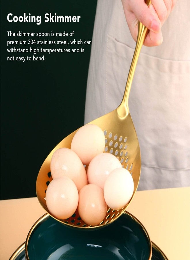 فديت مغرفة تقشير، ملعقة تقشير للمطبخ، ملعقة مثقوبة من الفولاذ المقاوم للصدأ 304، ملعقة تقشير ذات مقبض طويل مناسبة للطعام، ملعقة تقشير ذات تدفق كبير (ذهبي) - Image 5
