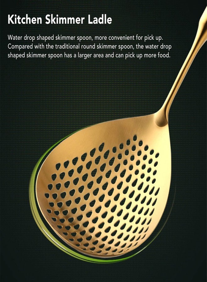 فديت مغرفة تقشير، ملعقة تقشير للمطبخ، ملعقة مثقوبة من الفولاذ المقاوم للصدأ 304، ملعقة تقشير ذات مقبض طويل مناسبة للطعام، ملعقة تقشير ذات تدفق كبير (ذهبي) - Image 2