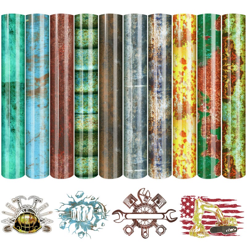Tintnut Rusty Heat Transfer Vinyl 10 Sheets 10x12 Inch HTV Scratched Distressed Overlay Effect Iron on Vinyl Pattern Printed HTV for DIY TShirts Hats Coats Handbags Pillow Craft for Cricut or Cameo