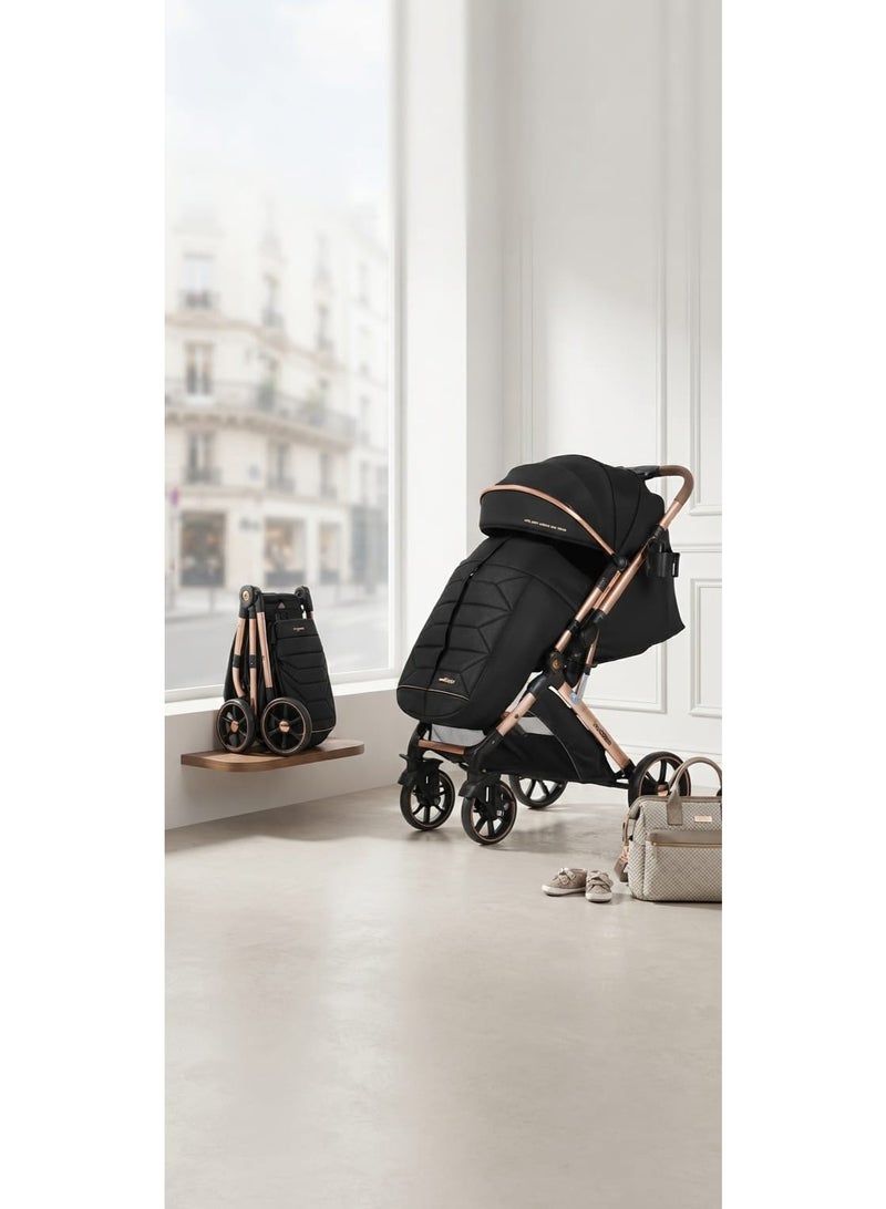 Kidilo 6600 F Stroller | Baby Stroller 6600 F | Foldable Baby Stroller | Luxury Baby Stroller | Modern Baby Stroller | Lightweight Baby Stroller | Travel Baby Stroller | Multi-Position Baby Stroller | Reclining Baby Stroller | Black Baby Stroller | Black & Gold Baby Stroller | Portable Baby Stroller | Adjustable Baby Stroller | Comfortable Baby Stroller | Practical Baby Stroller | Easy Fold Baby Stroller | Baby Stroller for Shopping & Outings | Baby Stroller for Sleeping & Sitting | Stylish Baby Stroller | Premium Baby Stroller - Image 2