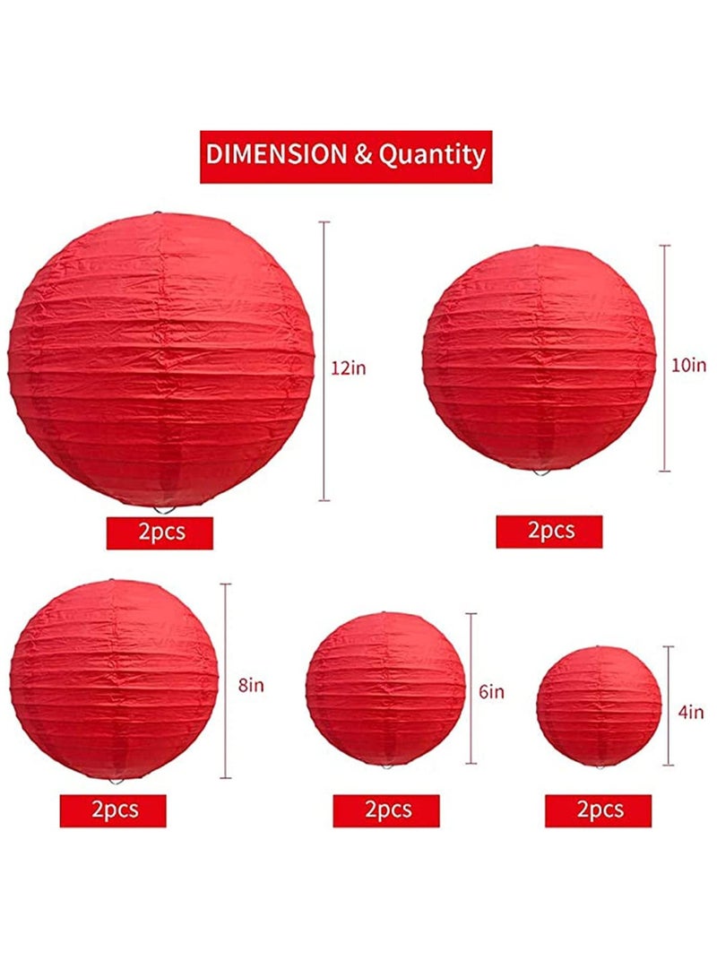 Red Paper Lanterns, 10Pcs 4-12in Round Chinese Hanging Decor, For Wedding Birthday Garden Party Home, Easy to Hang, Reusable - Image 2