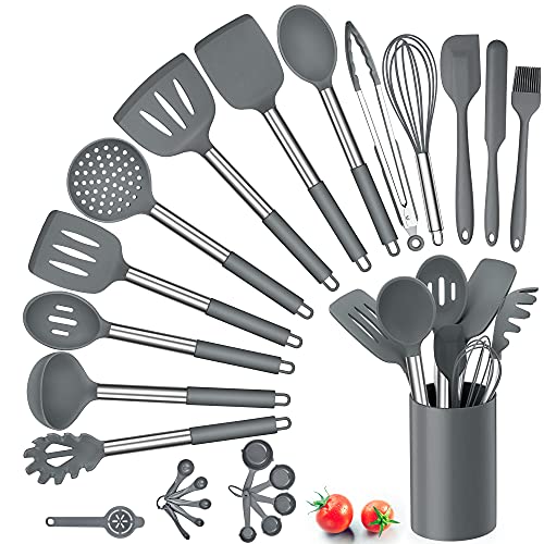 Silicone Kitchen Utensils Set Herogo 25 Pcs Cooking Utensil with Holder Heat Resistant Kitchen Tools with Stainless Steel Handle for NonStick Cookware Turner Spatula Spoon Tong Brush Whisk Grey