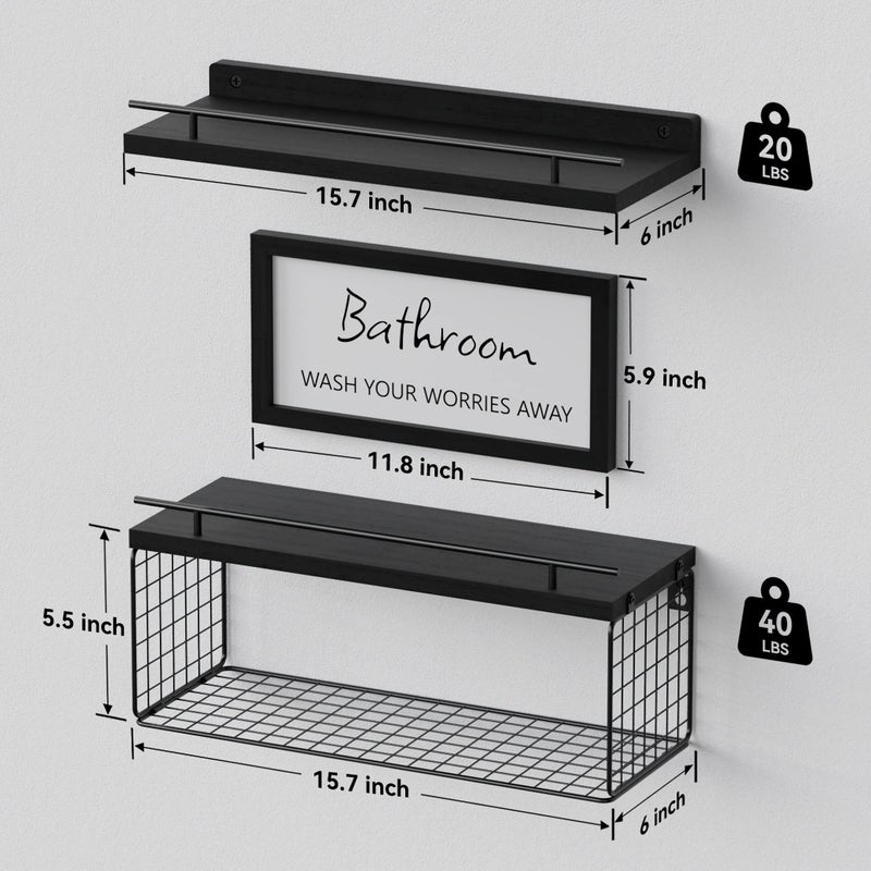 WOPITUES Floating Shelves for Wall Decor Sign, Bathroom Organizers and Storage, Bathroom Shelves Over Toilet with Metal Guardrail-Black - Image 3