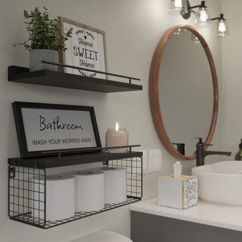 WOPITUES Floating Shelves for Wall Decor Sign, Bathroom Organizers and Storage, Bathroom Shelves Over Toilet with Metal Guardrail-Black - Image 5