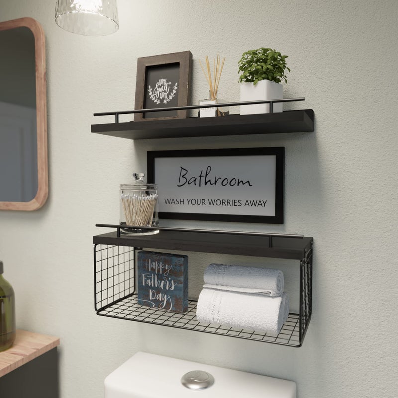 WOPITUES Floating Shelves for Wall Decor Sign, Bathroom Organizers and Storage, Bathroom Shelves Over Toilet with Metal Guardrail-Black - Image 2