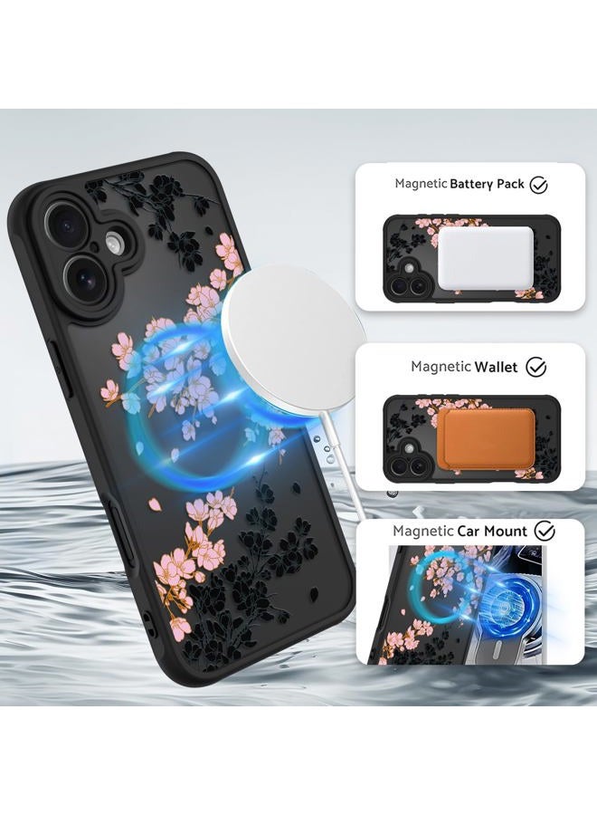 OOK Case for iPhone 16 Plus (Compatible with MagSafe) Floral Flowers Design Translucent Phone Cover Soft TPU + Hard PC Anti-Scratch Shockproof Magnetic Cute Case for Women - Pink - Image 2