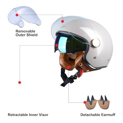 BEON Half 3/4 Face Motorcycle Helmet, DOT Approved, Retro Vintage Style, Dual Visors Men’s and Women’s Motorbike Casco for Moped Cruiser Bobber and Chopper (L, Glossy Metallic Light Grey) - Image 5