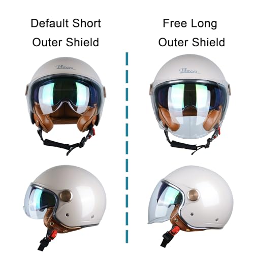 BEON Half 3/4 Face Motorcycle Helmet, DOT Approved, Retro Vintage Style, Dual Visors Men’s and Women’s Motorbike Casco for Moped Cruiser Bobber and Chopper (L, Glossy Metallic Light Grey) - Image 4