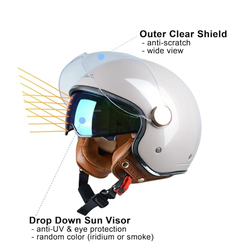 BEON Half 3/4 Face Motorcycle Helmet, DOT Approved, Retro Vintage Style, Dual Visors Men’s and Women’s Motorbike Casco for Moped Cruiser Bobber and Chopper (L, Glossy Metallic Light Grey) - Image 3