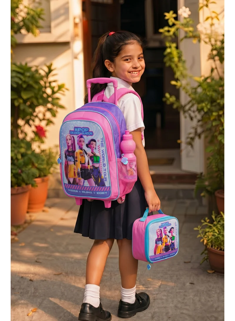 نيتفليكس Netflix K-Pop Demon Hunters 5-in-1 Kids Trolley School Set 18" | Rolling Backpack, Lunch Bag, Lunch Box, Water Bottle & Pencil Case  | Water Resistant  | Girls School Bag