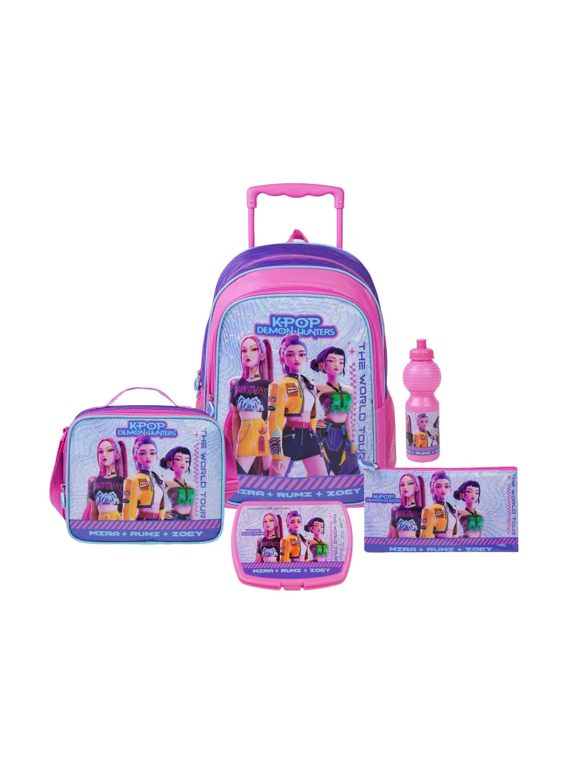 نيتفليكس Netflix K-Pop Demon Hunters 5-in-1 Kids Trolley School Set 18" | Rolling Backpack, Lunch Bag, Lunch Box, Water Bottle & Pencil Case  | Water Resistant  | Girls School Bag