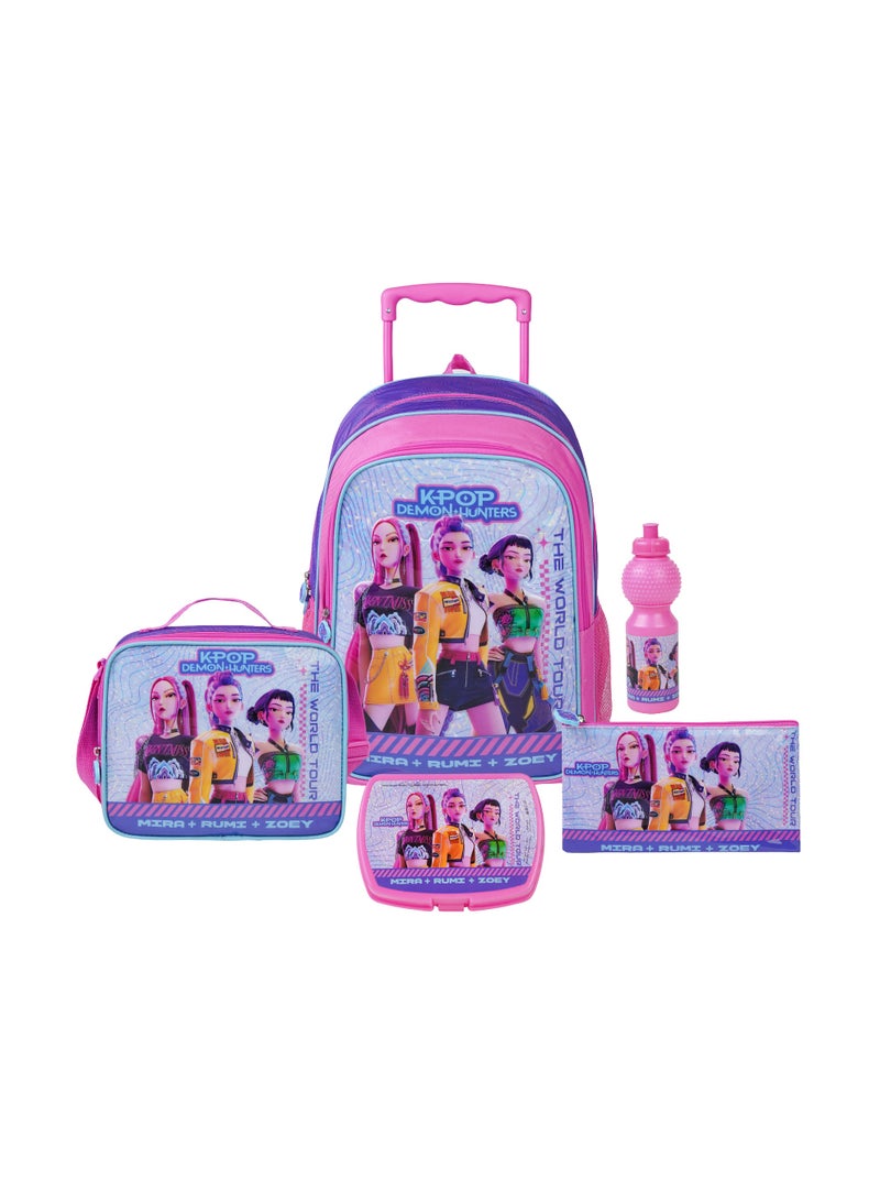 Netflix K-Pop Demon Hunters 5-in-1 Kids Trolley School Set 18" | Rolling Backpack, Lunch Bag, Lunch Box, Water Bottle & Pencil Case  | Water Resistant  | Girls School Bag - Image 1