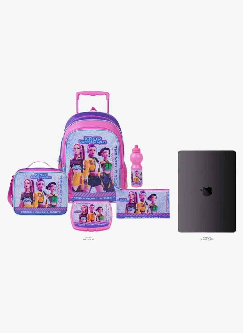 نيتفليكس Netflix K-Pop Demon Hunters 5-in-1 Kids Trolley School Set 18" | Rolling Backpack, Lunch Bag, Lunch Box, Water Bottle & Pencil Case  | Water Resistant  | Girls School Bag