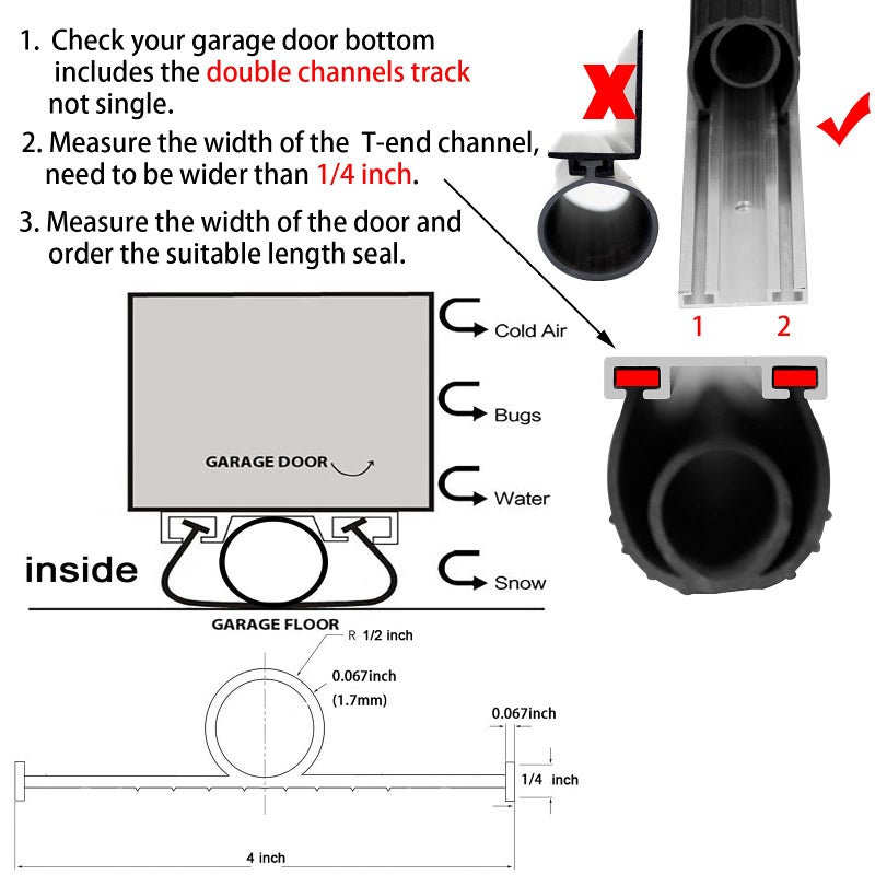 BOWSEN Garage Door Bottom Seals Weatherproof Weather Stripping Threshold Buffering Sealing High Performance EPDM Rubber Resistance Gasket Black 1/4 Inch T-End, 16FT Long - Image 5
