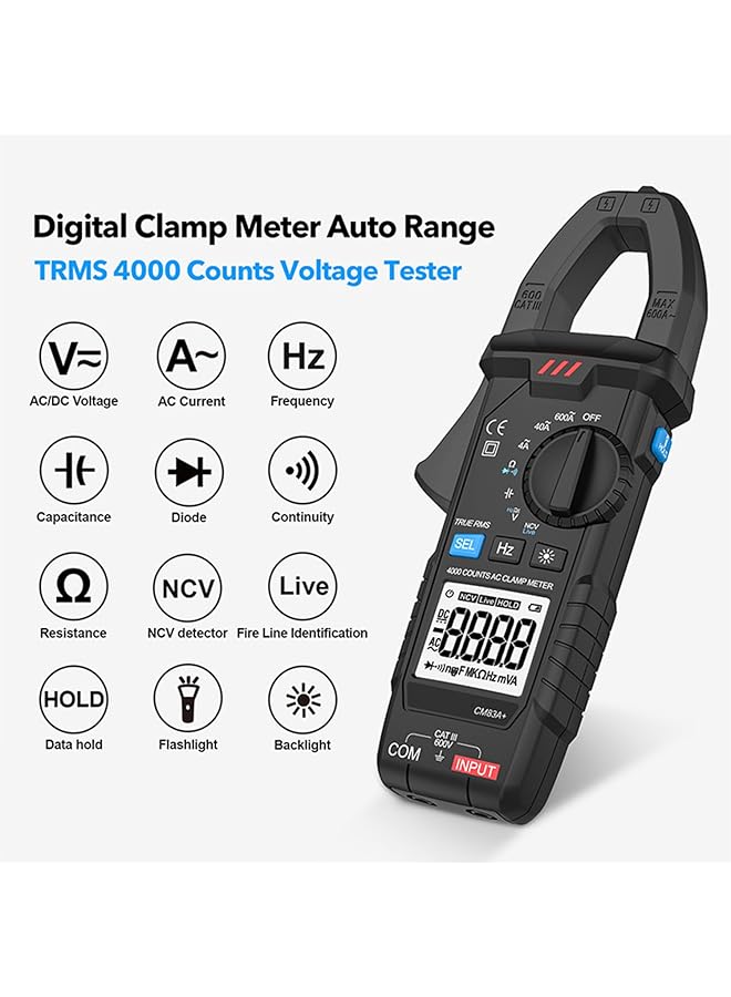 Digital Clamp Meter Multimeter 4000 Counts Voltage Tester Digital Clamp Meter Auto Range Ac/Dc Voltage & Current, Resistance, Capacitance, Frequency, Continuity, Live Wire Test, Ncv Detection - Image 2
