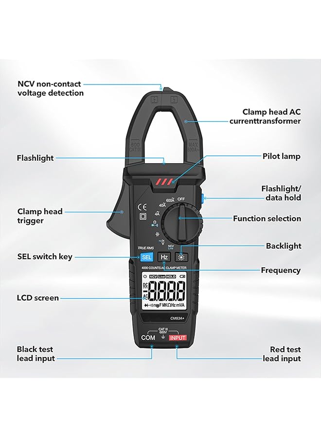 Digital Clamp Meter Multimeter 4000 Counts Voltage Tester Digital Clamp Meter Auto Range Ac/Dc Voltage & Current, Resistance, Capacitance, Frequency, Continuity, Live Wire Test, Ncv Detection - Image 4