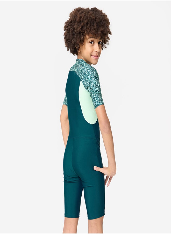 NABAIJI NABAIJI by DECATHLON, Boys' Short Sleeve Shorty Swimsuit 100 Secure Fit & Quick-Dry Duck Blue Green  - Image 3