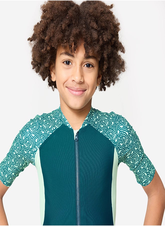 NABAIJI NABAIJI by DECATHLON, Boys' Short Sleeve Shorty Swimsuit 100 Secure Fit & Quick-Dry Duck Blue Green  - Image 4