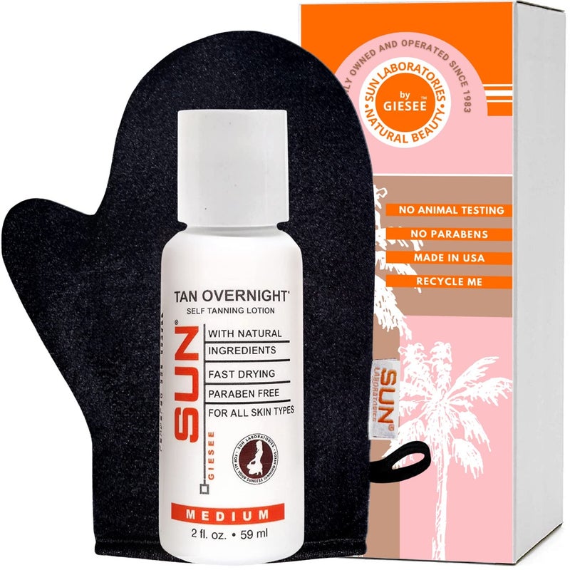 Sun Laboratories By Giesee Tanning Mitt Plus Tan Overnight Self Tanner 2 oz - Self Tanning Lotion, Medium Tone Self Tanner, Organic Sunless Tanning Lotion, Travel Size Tanning Mitt - Image 1