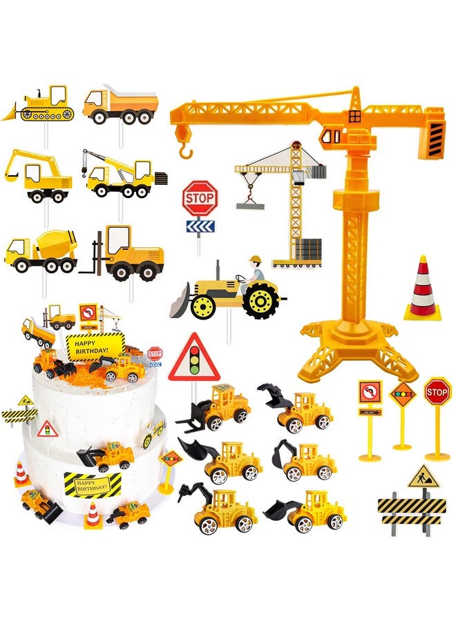 HERCOCCI 25Pcs Construction Cake Topper, Excavator Tower Cupcake Topper Bulldozer Backhoe Traffic Road Sign Cake Decor Vehicles Decorations Construction Birthday Party Supplies - Image 1