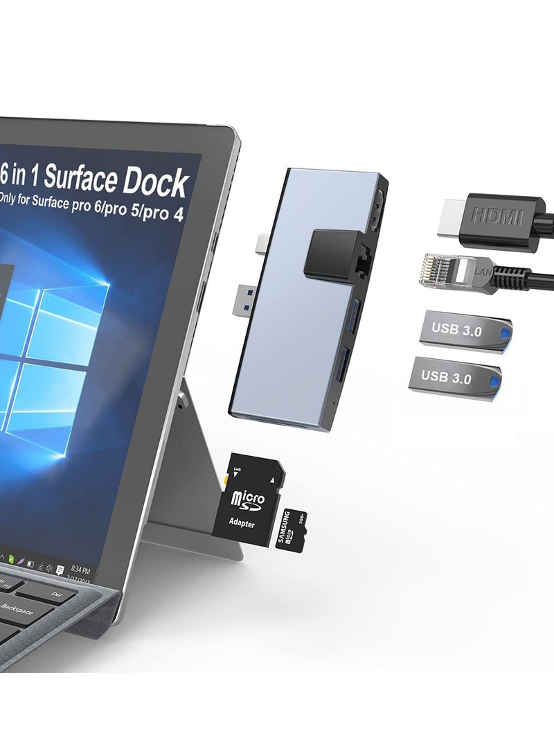 USB C Hub, Surface Pro 4/5/6 Docking Station, 2 UsSB 3.0 Hub Ports SD u0026 TF/Micro SD Memory Card Reader, Mini DP to 4K HDMI, 1USB to Ethernet Adapter - Image 1