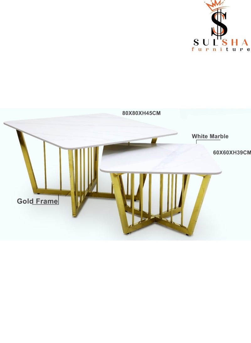 SULSHA Latest Design Modern Gold Metal Round Coffee Table White Stone Top Metal Tea Table Living Room Luxury Marble Center Table - Image 2