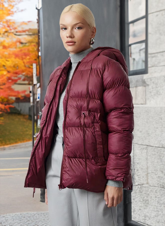 trendyol Claret Red Regular Pattern Hooded Waist Drawstring Detail Water Repellent Winter Puffer Jacket - Image 1